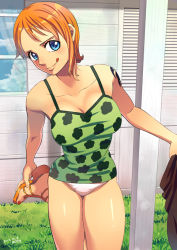 Rule 34 | 1girl, :q, alsea, arms at sides, bare arms, bare legs, bare shoulders, blue eyes, breasts, camisole, cleavage, unworn clothes, collarbone, cowboy shot, day, grass, holding, holding clothes, licking lips, looking at viewer, nail polish, nami (one piece), no pants, one piece, orange hair, outdoors, panties, sandals, short hair, shoulder tattoo, smile, solo, standing, standing on one leg, tattoo, thighs, toenail polish, toenails, toes, tongue, tongue out, underwear, v-shaped eyebrows, white panties, window