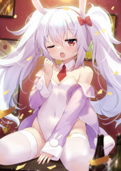 Rule 34 | absurdres, animal ears, azur lane, bare shoulders, between legs, bottle, breasts, confetti, covered navel, cup, detached collar, drinking glass, fake animal ears, groin, hand between legs, hand to own mouth, highleg, highleg leotard, highres, indoors, jacket, laffey (azur lane), leotard, long hair, necktie, off shoulder, one eye closed, open mouth, pink jacket, playboy bunny, rabbit ears, red eyes, red necktie, silver hair, sitting, small breasts, solo, strapless, strapless leotard, taku michi, thighhighs, thighs, twintails, very long hair, white leotard, white thighhighs, wine bottle, wine glass, yawning