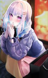 Rule 34 | 1girl, absurdres, aran sweater, bag, blue hair, blue nails, blurry, blush, breath, cable knit, cold, depth of field, fingernails, grey hair, grey sweater, hair ornament, hairclip, highres, lize helesta, long hair, long sleeves, looking at viewer, mika uni, multicolored hair, nail polish, nijisanji, open mouth, outdoors, pink eyes, pink skirt, shopping bag, skirt, solo, squatting, sweater, virtual youtuber, watch, wristwatch