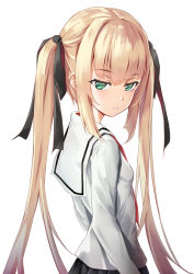 Rule 34 | 1girl, bitterpain, black skirt, blonde hair, blunt bangs, bow, green eyes, highres, looking at viewer, neck ribbon, original, ribbon, school uniform, shirt, simple background, skirt, solo, twintails, uniform, white background