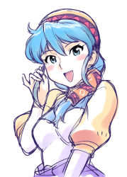 Rule 34 | 1girl, :d, bandana, blue eyes, blue hair, hair over shoulder, looking at viewer, luna noah, lunar, lunar: the silver star, open mouth, short hair, simple background, sketch, smile, solo, ueyama michirou, upper body, white background