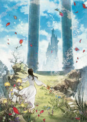 Rule 34 | 1girl, barefoot, bird, bridge, brown hair, cloud, day, dress, feet, flower, game console, grass, landscape, leaf, long hair, mono (shadow of the colossus), na2, nature, outdoors, petals, plant, playstation 2, shadow of the colossus, sky, soles, solo, standing, temple, tower, tree, white dress