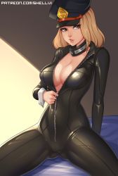 Rule 34 | 1girl, absurdres, arm support, bed, blonde hair, bodysuit, boku no hero academia, breasts, brown eyes, cameltoe, cleavage, collar, gluteal fold, hat, highres, large breasts, looking at viewer, open bodysuit, open clothes, parted lips, patreon username, shellvi, shiny clothes, skin tight, sleeve cuffs, solo, spread legs, unzipped, unzipping, utsushimi kemii, watermark, web address, zipper