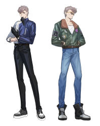Rule 34 | 1boy, absurdres, adjusting clothes, adjusting gloves, amaguni hitoya, black gloves, black pants, blue jacket, boots, denim, fishfall, glove in mouth, gloves, green jacket, grey jacket, hands in pockets, highres, hypnosis mic, jacket, jeans, leather, leather jacket, light brown hair, male focus, mouth hold, multicolored clothes, multicolored jacket, multiple views, pants, shirt, shoes, simple background, sneakers, standing, sunglasses, two-tone jacket, watch, white background, white shirt, wristwatch
