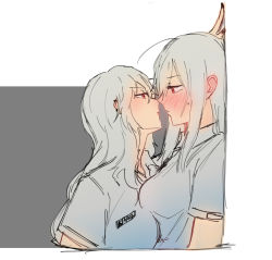 Rule 34 | 2girls, ahoge, alternate costume, arknights, blush, commentary, ear blush, ear piercing, english commentary, face-to-face, from side, grey hair, imminent kiss, long hair, multiple girls, piercing, red eyes, skadi (arknights), sketch, specter (arknights), sweatdrop, upper body, kabedon, wandering sarkaz, yuri
