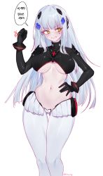 Rule 34 | 1girl, anger vein, bodysuit, breasts, cameltoe, clenched hand, clenched teeth, contrapposto, cowboy shot, eonsang, flower, girls&#039; frontline, gluteal fold, green eyes, grey hair, hair flower, hair ornament, hand on own hip, highres, hk416 (girls&#039; frontline), hk416 (midnight evangelion) (girls&#039; frontline), large breasts, long hair, looking away, looking to the side, midriff, navel, simple background, solo, speech bubble, teardrop facial mark, teeth, thigh gap, underboob, white background