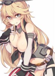 Rule 34 | 10s, 1girl, :q, bad id, bad twitter id, bare shoulders, belt, blonde hair, blue eyes, blush, breasts, cleavage, garter straps, hair between eyes, headgear, iowa (kancolle), kantai collection, large breasts, long hair, miniskirt, navel, pokoten (pokoten718), simple background, skirt, smile, solo, star-shaped pupils, star (symbol), symbol-shaped pupils, thighhighs, tongue, tongue out, white background