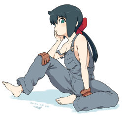 Rule 34 | 1girl, barefoot, blue hair, blue overalls, bow, brown gloves, closed mouth, constanze amalie von braunschbank-albrechtsberger, dated, full body, gloves, hair bow, little witch academia, long hair, looking at viewer, naked overalls, overalls, red bow, signature, simple background, solo, tsukudani (coke-buta), white background