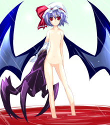 Rule 34 | 1girl, bat wings, blood, blue hair, claws, completely nude, female focus, flat chest, hat, no nipples, nude, red eyes, remilia scarlet, short hair, solo, standing, touhou, wading, wings, yumesato makura