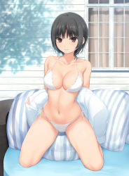 Rule 34 | 1girl, aoyama sumika, arms behind back, bare shoulders, bikini, black hair, breasts, brown eyes, cleavage, closed mouth, coffee-kizoku, collarbone, day, halterneck, highres, holding, large breasts, looking at viewer, navel, original, outdoors, pillow, short hair, side-tie bikini bottom, smile, solo, stomach, string bikini, swimsuit, thighs, white bikini