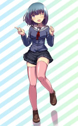 Rule 34 | 1girl, ;d, black skirt, blue hair, blue shirt, blush, breasts, brown footwear, clenched hand, collarbone, diagonal stripes, full body, head tilt, impossible clothes, impossible shirt, index finger raised, loafers, long sleeves, matsuzaki yutaka, neckerchief, one eye closed, open mouth, original, pink thighhighs, pleated skirt, purple eyes, school uniform, serafuku, shadow, shirt, shoes, skirt, smile, solo, standing, standing on one leg, striped, thighhighs