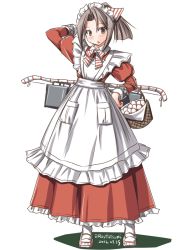 Rule 34 | 10s, 1girl, adapted costume, alternate costume, apron, basket, bow (weapon), brown eyes, dated, dress, egg, enmaided, flight deck, hachimaki, headband, high ponytail, kantai collection, light brown hair, long hair, machinery, maid, maid apron, maid headdress, muneate, ponytail, red dress, solo, tatsumi ray, twitter username, weapon, zuihou (kancolle)