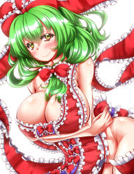 Rule 34 | 1girl, apron, blush, bottomless, bow, breast hold, breast lift, breasts, cleavage, crossed arms, frills, front ponytail, green eyes, green hair, groin, hair bow, highres, kagiyama hina, large breasts, looking at viewer, matching hair/eyes, naked apron, ribbon, sideboob, simple background, smile, solo, touhou, white background, zan (harukahime)