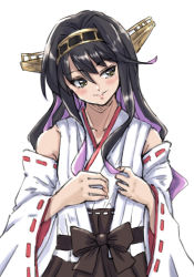 Rule 34 | 1girl, black eyes, black hair, commentary request, cosplay, detached sleeves, hairband, headgear, japanese clothes, kantai collection, kongou (kancolle), kongou (kancolle) (cosplay), ld (luna dial398), long hair, multicolored hair, naganami (kancolle), parted lips, pink hair, ribbon-trimmed sleeves, ribbon trim, simple background, smile, solo, upper body, white background