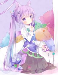 Rule 34 | 1girl, animal ears, black skirt, blue dress, blush, closed mouth, commentary request, dress, hair ornament, hand up, highres, holding, index finger raised, long hair, long sleeves, looking at viewer, needle, original, purple background, purple eyes, purple hair, scissors, sewing needle, sidelocks, skirt, smile, solo, stuffed animal, stuffed cat, stuffed toy, tsukiyo (skymint), very long hair, x hair ornament