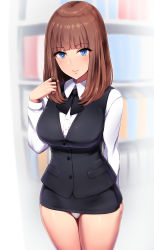 Rule 34 | 1girl, blue eyes, blunt bangs, blush, breasts, brown hair, closed mouth, covered navel, eyes visible through hair, formal, twirling hair, highres, ishimiso (ishimura), lanyard, large breasts, long hair, looking at viewer, microskirt, office lady, original, panties, pantyshot, pencil skirt, playing with own hair, skirt, smile, solo, standing, underwear, vest