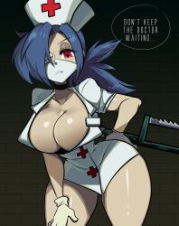Rule 34 | 1girl, absurdres, blue hair, breasts, cleavage, curvy, english text, eyepatch, gloves, hair over one eye, hand on leg, hand on own hip, hand on own leg, hand on own thigh, hat, highres, large breasts, leaning forward, looking at viewer, medium hair, missandydandy, no bra, nurse, nurse cap, parted lips, ponytail, red eyes, skullgirls, solo, thick thighs, thighs, valentine (skullgirls)
