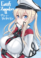Rule 34 | 10s, 1girl, blonde hair, blue eyes, blush, breasts, capelet, celtic knot, cross, female focus, graf zeppelin (kancolle), hair between eyes, hat, highres, kantai collection, large breasts, long hair, looking at viewer, military, military hat, military uniform, necktie, peaked cap, shibi, sidelocks, solo, tsurime, twintails, uniform