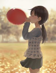 Rule 34 | 1girl, ball, balloon, black hair, black skirt, blowing, blurry, blurry background, blush, brown hair, child, closed eyes, commentary, cowboy shot, from side, gin (minamito3), hands up, highres, holding, holding ball, holding balloon, layered clothes, long hair, long sleeves, miniskirt, muted color, open mouth, original, outdoors, ponytail, red balloon, skirt, sleeves past wrists, solo, standing, swept bangs, tree