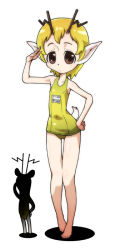Rule 34 | 1girl, antlers, blonde hair, brown eyes, chidejika, copyright request, creature, deer antlers, deer tail, expressionless, full body, hand on own hip, horns, japan commercial broadcasters association, looking at viewer, one-piece swimsuit, pointy ears, school swimsuit, solo, standing, swimsuit, tail, usu noro