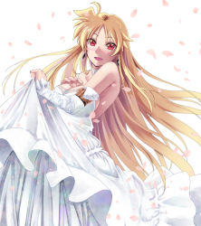 Rule 34 | 1girl, bare shoulders, blonde hair, breasts, bride, cleavage, commentary request, dress, fate testarossa, large breasts, long hair, looking at viewer, lyrical nanoha, mahou shoujo lyrical nanoha, open mouth, petals, red eyes, smile, solo, sougetsu izuki, very long hair, wedding dress, white dress