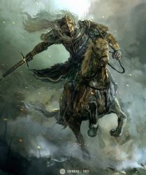 Rule 34 | 1boy, bloody wolf (elden ring), commentary, dated, elden ring, english commentary, helmet, highres, holding, holding sword, holding weapon, horns, horse, horseback riding, long hair, riding, running, shimhaq, signature, smoke, solo, sword, tarnished (elden ring), torrent (elden ring), weapon, white hair
