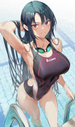 Rule 34 | 1girl, absurdres, arm behind head, armpits, arms up, bare arms, bare shoulders, black eyes, black hair, blush, breasts, collarbone, competition swimsuit, covered navel, day, goggles, goggles around neck, grin, hand in own hair, highres, hiiragi yuuichi, holding, large breasts, long hair, looking at viewer, multicolored clothes, multicolored swimsuit, one-piece swimsuit, original, parted bangs, pool, pool ladder, smile, solo, sparkle, swimsuit, text print, thighs, very long hair, wading, water, wet, wet clothes, wet hair, wet swimsuit