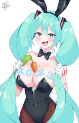 Rule 34 | 1girl, 2023, absurdres, alternate costume, animal ears, aqua eyes, aqua hair, bare shoulders, between breasts, black bow, black bowtie, black leotard, bow, bowtie, breasts, carrot, chinese zodiac, cleavage, collarbone, covered navel, cowboy shot, detached collar, fake animal ears, fishnet pantyhose, fishnets, gloves, hair between eyes, hatsune miku, highres, holding, holding hair, large breasts, leotard, long hair, looking at viewer, open mouth, pantyhose, playboy bunny, simple background, smile, solo, strapless, strapless leotard, timedfox, traditional bowtie, twintails, very long hair, vocaloid, white background, white gloves, year of the rabbit