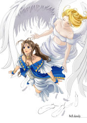 Rule 34 | 2girls, aa megami-sama, absurdres, angel wings, anklet, antenna hair, bandeau, bangle, bare back, belldandy, blonde hair, bracelet, breasts, brown hair, character name, duan henglong, dutch angle, closed eyes, feathers, highres, holy bell, jewelry, long hair, medium hair, multiple girls, outstretched arms, purple eyes, small breasts, white background, wings