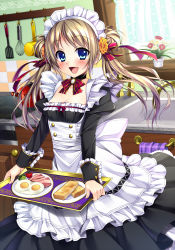 Rule 34 | 1girl, :d, apron, bacon, black dress, blue eyes, blush, bow, bowtie, bread, bread slice, breasts, broccoli, brooch, brown hair, bucchake (asami), choker, cleavage, collarbone, curtains, dress, egg (food), flower, flower pot, food, fried egg, hair ornament, hair ribbon, highres, indoors, jewelry, kitchen, long sleeves, maid, maid apron, maid headdress, moe2015, open mouth, original, plant, potted plant, red bow, red bowtie, ribbon, rose, sink, small breasts, smile, solo, stove, sunny side up egg, toast, tomato, towel, tray, twintails, vegetable, washbowl, whisk, windowsill