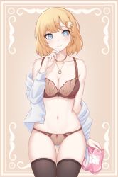 Rule 34 | 1girl, bare shoulders, black thighhighs, blonde hair, blue eyes, blush, bra, breasts, brown bra, brown panties, cleavage, closed mouth, collarbone, commentary, cowboy shot, hair ornament, hand up, highres, holding, hololive, hololive english, jewelry, long sleeves, looking at viewer, medium breasts, navel, necklace, open clothes, panties, shellvi, shirt, short hair, skindentation, smile, solo, stomach, thigh gap, thighhighs, thighs, underwear, undressing, virtual youtuber, watson amelia, white shirt
