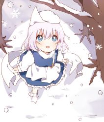 Rule 34 | 1girl, apron, blue dress, blue eyes, boots, branch, dress, hair between eyes, hat, letty whiterock, long sleeves, looking up, open mouth, puffy long sleeves, puffy sleeves, sasaki sakiko, shadow, shirt, short hair, silver hair, smile, snow, snowing, solo, standing, touhou, tree, white apron, white footwear, white hat, white shirt, white sleeves, winter