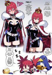 1girl absurdres aged_up alternate_breast_size anime_ace_(font) belt belt_buckle black_choker black_dress black_gloves blush breasts buckle cape choker crown demon_girl disgaea dress earrings elbow_gloves english_text etna_(disgaea) food fur-trimmed_cape fur_trim gloves gradient_background grey_background highres jewelry leather leather_choker leather_dress leather_gloves long_hair nico-neko o-ring o-ring_choker pointy_ears prinny pudding red_cape red_eyes red_hair simple_background skull_earrings speech_bubble spoon white_background white_belt