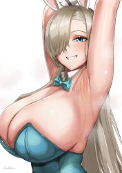Rule 34 | 1girl, absurdres, alternate breast size, animal ears, armpit crease, armpit focus, armpits, arms up, artist name, asuna (blue archive), asuna (bunny) (blue archive), blue archive, blue bow, blue bowtie, blue eyes, bow, bowtie, breasts, cleavage, detached collar, fake animal ears, gloves, grin, hair over one eye, highres, huge breasts, kirinkirin, leotard, light brown hair, looking at viewer, mole, mole on breast, playboy bunny, presenting armpit, rabbit ears, simple background, smile, solo, steaming body, strapless, strapless leotard, teeth, traditional bowtie, twitter username, upper body, white background, white gloves