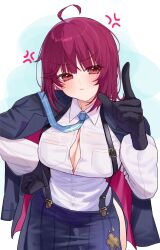 Rule 34 | 1girl, :i, ahoge, anger vein, atelier (series), atelier sophie, black gloves, black jacket, blue background, blue necktie, blue skirt, blush, breasts, cleavage, closed mouth, collared shirt, commentary request, dress shirt, gloves, hand on own hip, hand up, highres, index finger raised, jacket, jacket on shoulders, large breasts, long hair, long sleeves, looking at viewer, necktie, partially unbuttoned, pleated skirt, pout, puffy long sleeves, puffy sleeves, red eyes, red hair, ryuuno6, shirt, skirt, solo, sophie neuenmuller, suspender skirt, suspenders, v-shaped eyebrows, white background, white shirt