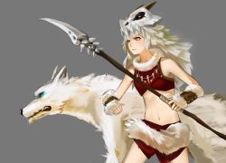 Rule 34 | 1girl, absurdres, aqua eyes, bone necklace, brown eyes, crusaders quest, fur, gon (crusaders quest), grey background, highres, holding, holding spear, holding weapon, midriff, navel, parted lips, polearm, simple background, skull on head, solo, spear, standing, tamashiino eshi, weapon, white hair, white wolf, wolf