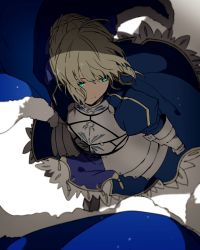 Rule 34 | 1girl, armor, armored dress, artoria pendragon (fate), blonde hair, blue cape, blue dress, blue eyes, blurry foreground, breastplate, cape, closed mouth, commentary request, dress, fate/stay night, fate (series), fur trim, green eyes, hiiragi fuyuki, juliet sleeves, long sleeves, puffy sleeves, saber (fate), simple background, solo, white background