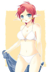 Rule 34 | 1girl, bikini, blue eyes, blush, breasts, chisato madison, cleavage, earrings, hair ornament, hairclip, jewelry, medium breasts, miyako (mongcocoa), navel, open mouth, pointy ears, red hair, short hair, simple background, smile, solo, standing, star ocean, star ocean the second story, swimsuit, upper body, white background, white bikini