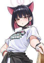 1girl absurdres animal_ears aqua_wristband black_choker black_jacket black_mask blue_archive cat_ears choker clothes_around_waist colored_inner_hair earrings extra_ears halo highres jacket jacket_around_waist jewelry kazusa_(band)_(blue_archive) kazusa_(blue_archive) looking_at_viewer m_kong mask mask_pull mouth_mask multicolored_hair official_alternate_costume open_mouth pink_hair pink_halo red_eyes shirt short_hair short_sleeves simple_background solo stud_earrings upper_body white_background white_shirt wristband