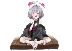 Rule 34 | 1girl, ahoge, bandaged leg, bandages, bandaid, bandaid on cheek, bandaid on face, bare shoulders, black kimono, black nails, blue archive, blush, bright pupils, commentary request, full body, gauge, grey hair, hair intakes, halo, highres, japanese clothes, kimono, knees apart feet together, looking at viewer, making-of available, nail polish, noa (nagareboshi), open mouth, pointy ears, red eyes, short hair, shuro (blue archive), simple background, sitting, sleeveless, sleeveless kimono, smile, solo, thick eyebrows, toenail polish, toenails, white background, white pupils