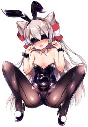 Rule 34 | 10s, 1girl, :o, amatsukaze (kancolle), animal ears, bare shoulders, black footwear, black pantyhose, blindfold, blush, breasts, cameltoe, cleavage, detached collar, fake animal ears, hairband, high heels, kantai collection, leotard, long hair, pantyhose, playboy bunny, rabbit ears, sakurayume kome, shoes, silver hair, simple background, sitting, small breasts, solo, spread legs, very long hair, white background, wrist cuffs