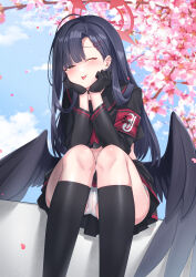 Rule 34 | 1girl, ;p, absurdres, armband, black eyes, black gloves, black hair, black serafuku, black shirt, black skirt, black thighhighs, black wings, blue archive, blush, cherry blossoms, feathered wings, gloves, hair ornament, hairpin, halo, highres, ichika (blue archive), long hair, looking at viewer, low wings, one eye closed, panties, red armband, red halo, school uniform, serafuku, shirt, simusong, skirt, smile, solo, thighhighs, tongue, tongue out, underwear, white panties, wings