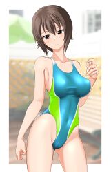 Rule 34 | 1girl, absurdres, aqua one-piece swimsuit, bench, black eyes, blurry, blurry background, breasts, brown eyes, cameltoe, collarbone, commentary request, competition swimsuit, contrapposto, covered navel, cowboy shot, fence, girls und panzer, head out of frame, highleg, highleg swimsuit, highres, large breasts, looking at viewer, medium breasts, nishizumi maho, one-piece swimsuit, outside border, short hair, solo, swimsuit, takafumi, two-tone swimsuit