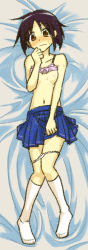 Rule 34 | bare shoulders, bed sheet, black hair, blue skirt, blush, bob cut, bow, bow bra, bra, bra lift, breasts, brown eyes, buchineko (maccha598en), colored pencil (medium), commentary, covering privates, covering crotch, embarrassed, from above, full body, hair between eyes, hand on own crotch, hand to own mouth, kneehighs, knees together feet apart, looking at viewer, love hina, lying, maehara shinobu, messy hair, midriff, navel, nervous, no shirt, nose blush, on bed, panties, panty pull, parted hair, pink bra, pleated skirt, raised eyebrows, short hair, skirt, small breasts, socks, solo, sweat, sweatdrop, traditional media, underwear, wavy mouth, white panties, white socks