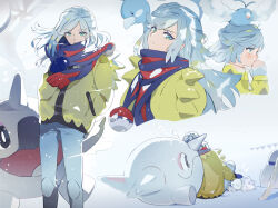 Rule 34 | 1boy, aged down, altaria, androgynous, blue eyes, blue hair, blue mittens, cetoddle, creatures (company), game freak, gen 3 pokemon, gen 8 pokemon, grusha (pokemon), jacket, long hair, long sleeves, looking at viewer, mittens, multiple views, nintendo, pants, pokemon, pokemon (creature), pokemon sv, scarf, scarf over mouth, snom, striped clothes, striped scarf, suou (sdurorhr), swablu, trap, two-tone scarf, yellow jacket