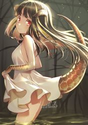 Rule 34 | 1girl, backless dress, backless outfit, colored inner hair, dress, female focus, highres, horns, lizard tail, mitake eil, monster girl, multicolored hair, original, partially submerged, red eyes, reptile girl, scales, signature, smile, solo, tail, tail raised, two-tone hair, wading