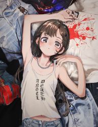 Rule 34 | 1girl, absurdres, arm up, bad id, bad twitter id, brown eyes, brown hair, camisole, chain necklace, child, denim, english text, gishiki (gshk), highres, jeans, jewelry, long hair, looking at viewer, lying, navel, necklace, on back, open fly, original, pants, solo, strap lift, upper body