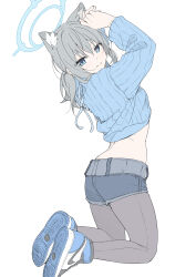 Rule 34 | 1girl, absurdres, alternate costume, animal ear fluff, animal ears, belt, blue archive, blue eyes, blue footwear, blue shorts, blue sweater, closed mouth, commentary, denim, denim shorts, extra ears, grey belt, grey hair, grey pantyhose, halo, highres, kneeling, long sleeves, looking at viewer, masabodo, medium hair, midriff, pantyhose, pantyhose under shorts, shiroko (blue archive), shoes, short shorts, shorts, simple background, smile, sneakers, solo, sweater, symbol-only commentary, white background, wolf ears