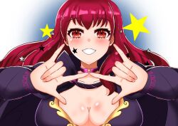 Rule 34 | 1girl, blush, breasts, cape, choker, cleavage, fire emblem, fire emblem engage, grin, hair ornament, highres, jksfs, large breasts, nintendo, portrait, red eyes, red hair, smile, star (symbol), star hair ornament, sticker on face, yunaka (fire emblem)