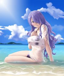Rule 34 | 1girl, beach, bikini, blue sky, blush, breasts, camilla (fire emblem), cloud, covered navel, curly hair, fire emblem, fire emblem fates, hair over one eye, highres, large breasts, long hair, looking at viewer, nintendo, ocean, partially submerged, purple eyes, purple hair, sand, see-through, shirt, sitting, sky, smile, solo, sunlight, swimsuit, thor (deep rising), water, wet, wet clothes, wet shirt